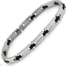 Stainless Steel & Black Rubber Unisex Bracelet 8.5 In