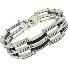 Stainless Steel & Black Rubber Mens Bike Chain Bracelet 8'' Long Bike Chain