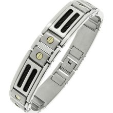 Stainless Steel And 10k Yelllow Gold Men's Screw Detail Link Bracelet