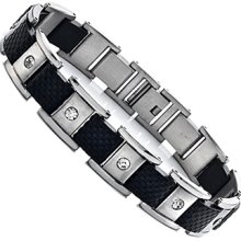 Stainless Steel and Rubber Mens Bracelet with Cubic Zirconia