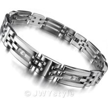 Stainless Steel Bangle Bracelet Cuff Chain Men Silver Cubic Zirconia Us39b0156-2