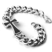 Stainless Steel Bangle Bracelet Chain Men Biker Silver Carbon Fiber Cross Us3901