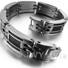 Stainless Steel Bangle Bracelet Cuff Chain Men Silver Carbon Fiber Us39b0229