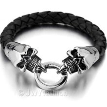 Stainless Steel Bangle Bracelet Wrist Chain Men Silver Skull Leather Xb0173