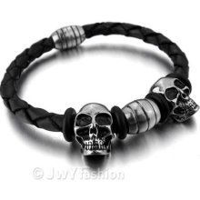 Stainless Steel Bangle Bracelet Wrist Chain Men Silver Skull Leather Xb0171