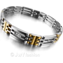 Stainless Steel Bangle Bracelet Cuff Chain Men Silver Gold Cz Link Xb0156-1