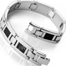 Stainless Steel Bangle Bracelet Chain Men Silver Carbon Fiber Us390122