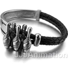 Stainless Steel Bangle Bracelet Wrist Chain Men Silver Bowling Leather Xb0212