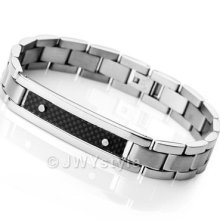 Stainless Steel Bangle Bracelet Chain Men Silver Carbon Fiber Us390119