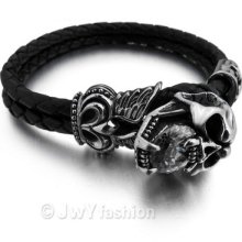 Stainless Steel Bangle Bracelet Wrist Chain Men Silver Skull Leather Xb0174-1