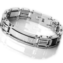 Stainless Steel Bangle Bracelet Chain Men Silver Carbon Fiber Xb0121