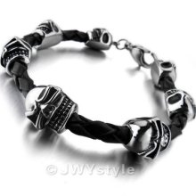 Stainless Steel Bangle Bracelet Wrist Chain Men Silver Skull Leather Us39b0170