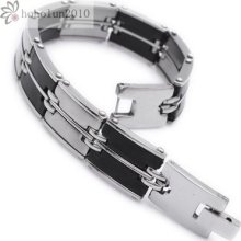 Stainless Steel Cool Black Rubber Silver Mens Bracelet L: 8.5