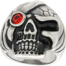 Stainless Steel Gothic Pirate Skull Biker Ring W/ Red Crystal Stone Rss532