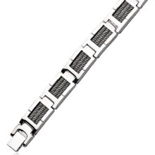 Stainless Steel Gray Cable Inlay Link Bracelet