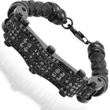 Stainless Steel PVD Plated Mens Diamond Leather Band Bracelet with Black Diamonds 4.50 Ctw