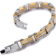 Stainless Steel Silver Golden Double Lines Linking Mens Bracelet 8