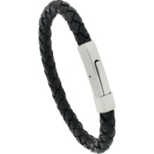 Stainless Steel W/black Braided Leather Bracelet Bss142