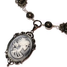 Steampunk Goth Jewelry - Necklace - White on Hazy Black Skeleton Lady portrait Cameo - SilverTone