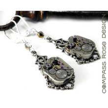 Steampunk Jewelry Silver Watch Movement Earrings Vintage Swiss 17 Jewel Mechanical Clockwork Filigree Gold & Silver Crystal