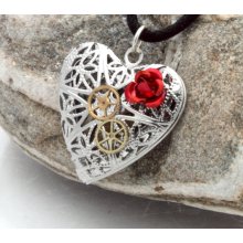 Steampunk locket silver plated filigree heart with red metal rose cabochon and vintage watch parts- Unique