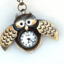 Steampunk - MIDNIGHT OWL Pocket Watch - Wings Open - Necklace - Antique Brass - Neo Victorian - By GlazedBlackCherry