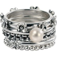 Sterling Silver 5 Stacking Rings With Raised Flowers And Pearl