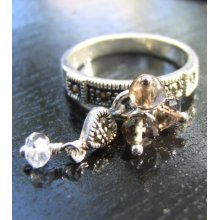 Sterling Silver Christian Marcasite Ring - Heart Ring - Grey, Quartz Crystal Dangles - One-of-a-Kind - Door Post of the Heart Ring