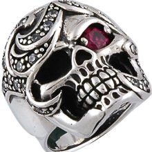 Sterling Silver Skull Ring With White Cz Stones And Red Eye In Sizes 10-16 Tr112