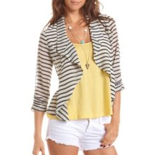 Striped Open-Front Chiffon Jacket - Ivory Combo