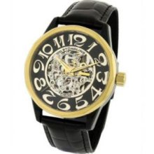 Stuhrling Original 227.33353 Mens Cesario Skeleton Automatic on Black Strap and Black Dial and Goldtone Case