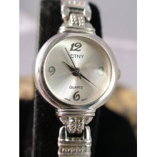 Stylish Ctny Silver Tone Ladies Quartz Watch Works Large Band