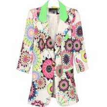 Sun Flower Patterned Blazer With Contrast Fluorescent Green Lapel