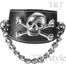 T&t Punk Skull Black Leather Bracelet Cuff Wristband (pk16)