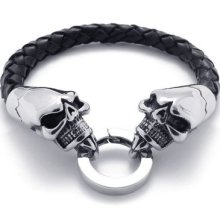 Tb33 Men's Simple Design Stylish Skull Leather Stainless Steel Bracelet Bangle