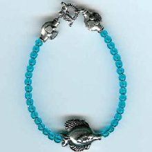 Teal Czech Glass and Sterling Silver Bracelet with Sterling Silver Fish on Top of the Wrist