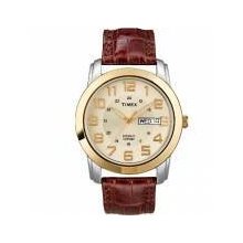 Timex Gents Gold Dial Red Brown Leather Strap Watch