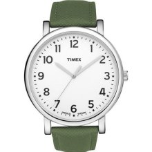 Timex Mens Classic Style Big White Indiglo Dial Green Leather Strap Watch T2n476