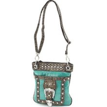 Turqoiuse Western Rhinestone Buckle Crocodile Trim Small Hipster Handbag