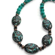 Turquoise Necklace, Blue Leopard Print, Bronze Pearls, Animal Print, American Turquoise, December Birthstone