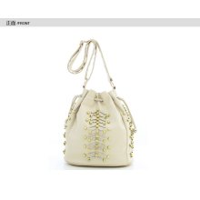 Unique Studded With Beads Decorated Drawstring White Bucket Shoulde...