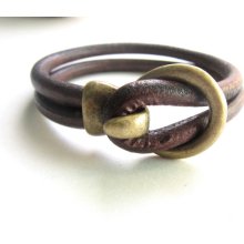 Unisex Brown and Brass Leather Bracelet with Circle and Loop Clasp Men's Gift, For Him Manly Men's Jewelry