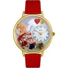 Unisex Day Care Teacher Red Leather and Goldtone Watch in Gold ...