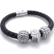 Unisex Leather Bracelet Charm Silver Ball Stainless Steel Beads Bangle Black