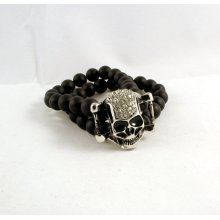 Unisex Skull Black Stone Needles Matte Natural Gemstones Rhinestones Crystal Stackable stretch bracelet- Fits up to 7 inches wrist