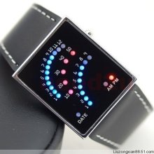 Unusual Blue Red Led Men's Women Digital Watch Am/pm Date Black Leather Band