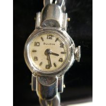 Unusual Deco 1959 Antique Bulova 10k White Gf Swiss Ladies Watch Serviced Works