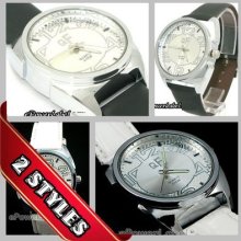 Up24 Vouge Quartz Wrist Watch Thick Steel Case Black/white Leather Band