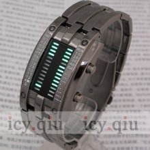 Usa Seller Fashion Binary Digital Green Led Watch Metal Band Boys Gift Black P8