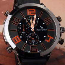 V6 Fashion Black Band Oversized Number Quartz Rubber Sport Men's Wristwatch Good